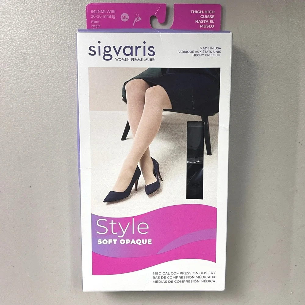 Sigvaris Soft Opaque Black 20-30 mmHg Thigh High Compression Stockings ML Closed